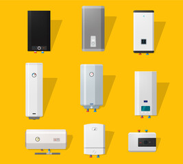Boiler icons set in detailed flat style. Modern and classic, slim and designer boilers. Efficient house concept.