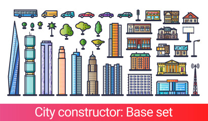 Abstract city constructor in flat line style. Base set with icons of skyscrapers, apartments, houses, stores, transport, trees and other buildings. Compatible with my other city constructor sets.