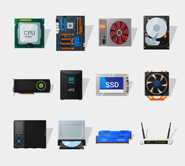 Computer hardware icons in flat style. Detailed flat style. Different computer parts. CPU, motherboard, HDD, SSD and video card.