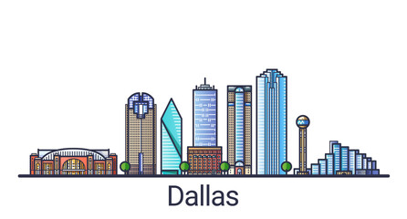 Banner of Dallas city in flat line trendy style. Dallas city line art. All buildings separated and customizable.