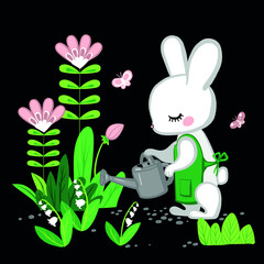 Hand drawn bunny watering flowers from a watering can in the garden