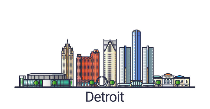 Banner of Detroit city in flat line trendy style. Detroit city line art. All buildings separated and customizable.