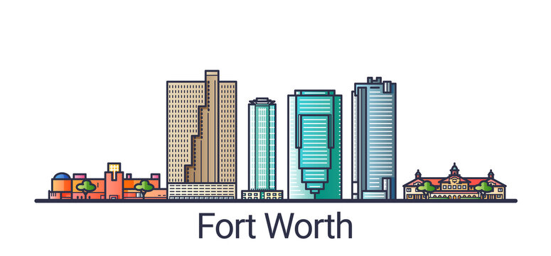 Banner of Fort Worth city in flat line trendy style. Fort Worth city line art. All buildings separated and customizable.