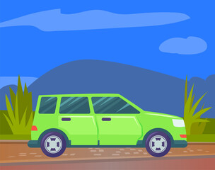 Car driving on road vector, flat style hotrod type of transport. Transportation on nature mountains, automobile riding on street with bushes vehicle illustration in flat style design for web, print