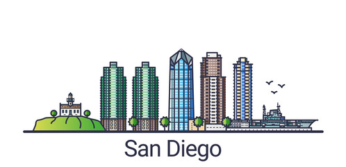 Banner of San Diego city in flat line trendy style. San Diego city line art. All buildings separated and customizable.