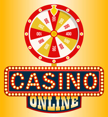 Casino online vector, shining signboard with retro bulbs. Fortune wheel with spinning circle and money sum, gaming and gambling. Lucky circle or lucky rotation. Wheel luck in flat style