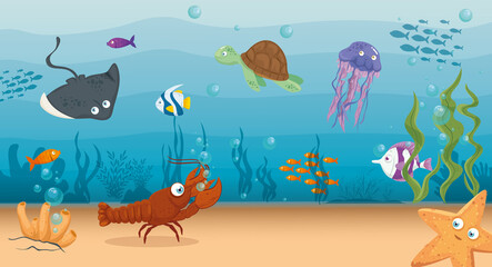 lobster with fish and wild marine animals in ocean, seaworld dwellers, cute underwater creatures,habitat marine concept vector illustration design