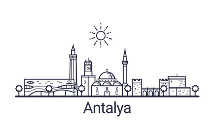 Obraz premium Linear banner of Antalya city. All Antalya buildings - customizable objects with opacity mask, so you can simple change composition and background fill. Line art.