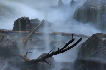 Close up of river and small rapids, wild water, dangerous nature.