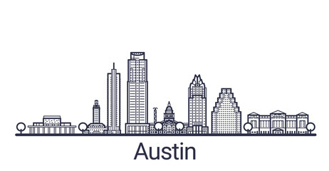 Linear banner of Austin city. All buildings - customizable different objects with clipping mask, so you can change background and composition. Line art.