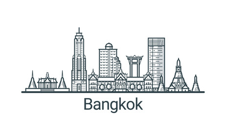 Naklejka premium Liniowy sztandar miasta Bangkok. Wszystkie budynki - konfigurowalne różne obiekty z wypełnieniem w tle, dzięki czemu można zmienić kompozycję projektu. Grafika liniowa.