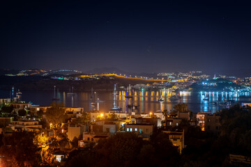 View of Bodrum harbor and Castle of St. Peter by night. Turkish Riviera. Bodrum marina