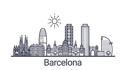 Linear banner of Barcelona city. All Barcelona buildings - customizable objects with opacity mask, so you can simple change composition and background fill. Line art. - obrazy, fototapety, plakaty