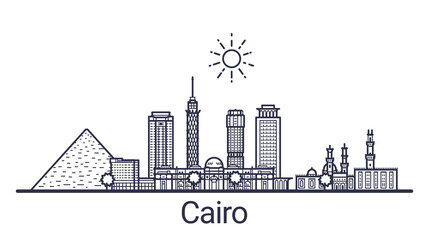 Skyline of Cairo city in linear style. Cairo cityscape line art. All buildings separated with clipping masks. So you can change composition and background. - obrazy, fototapety, plakaty