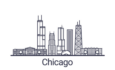 Linear banner of Chicago city. All Chicago buildings - customizable objects with opacity mask, so you can simple change composition and background fill. Line art.