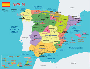 Vector Map of Spain. Colorful political Spain map with regions and main cities, oceans, seas and islands