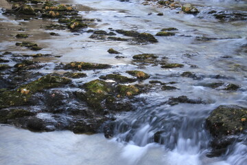 Close up of river and small rapids, wild water, dangerous nature.