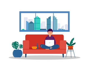 Young male character sitting on sofa and watching TV series on a laptop, Snacks and beer. Leisure. Weekend activities. Chill. Flat editable vector illustration