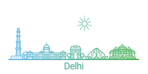 Delhi city colored gradient line. All Delhi buildings - customizable objects with opacity mask, so you can simple change composition and background fill. Line art.