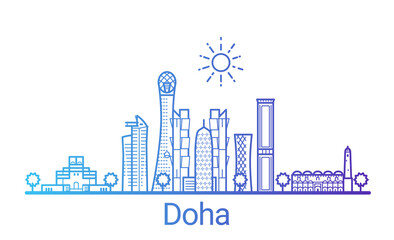Fototapeta premium Doha city colored gradient line. All Doha buildings - customizable objects with opacity mask, so you can simple change composition and background fill. Line art.