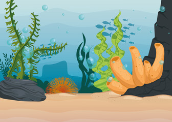 Fototapeta na wymiar underwater background, undersea reef, ocean with marine algae scene, habitat marine concept vector illustration design
