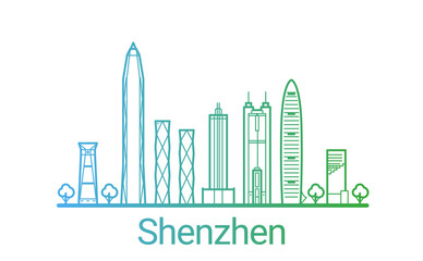 Shenzhen city colored gradient line. All Shenzhen buildings - customizable objects with opacity mask, so you can simple change composition and background fill. Line art.