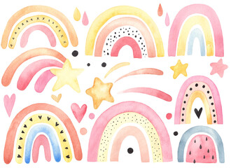 Collection of boho rainbows in pastel blue and brown colors, isolated elements on white background; nursery art design, for printing on baby clothes and textiles, home decor art, vector illustration