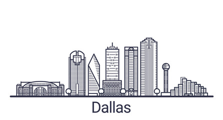 Linear banner of Dallas city. All buildings - customizable different objects with clipping mask, so you can change background and composition. Line art.