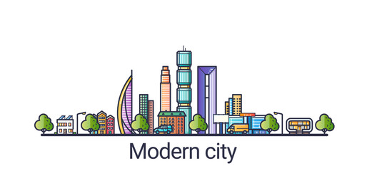 Modern futuristic eco city in flat line style. Line art. All linear objects separated and customizable.