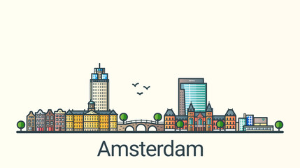 Banner of Amsterdam city in flat line trendy style. Amsterdam city line art. All buildings separated and customizable.