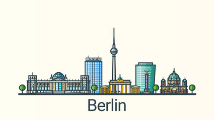 Banner of Berlin city in flat line trendy style. Berlin city line art. All buildings separated and customizable. © It's design