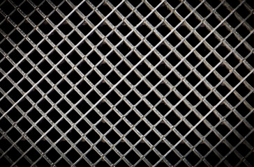 Iron ventilation grid lattice texture background. Silver gray metal pattern with square holes on black.