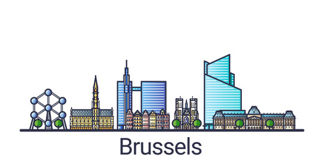 Banner of Brussels city in flat line style. Brussels city line art. All linear buildings separated and customizable.