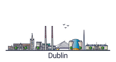 Naklejka premium Banner of Dublin city in flat line trendy style. Dublin city line art. All buildings separated and customizable.