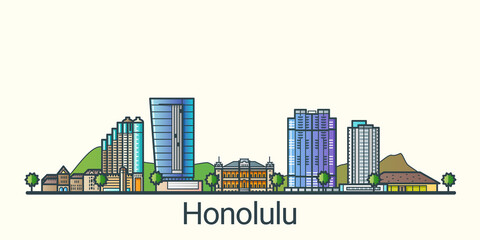 Banner of Honolulu city in flat line trendy style. Honolulu city line art. All buildings separated and customizable.