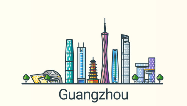 Banner of Guangzhou city in flat line trendy style. All buildings separated and customizable. Line art.