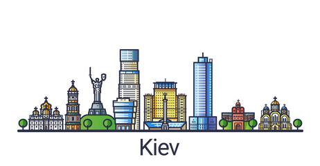 Banner of Kiev city in flat line trendy style. Kiev city line art. All buildings separated and customizable.