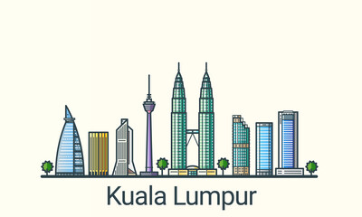 Fototapeta premium Banner of Kuala Lumpur in flat line trendy style. All buildings separated and customizable. Line art.
