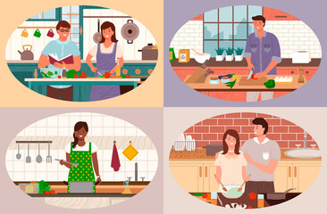 Smiling man and woman cooking vegetables in kitchen. Culinary of couple wearing apron and making dish at home. Woman mixing eggs ingredient, man cutting vegetarian food for salad indoor vector