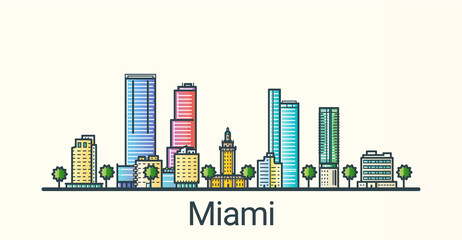Obraz premium Banner of Miami city in flat line trendy style. All buildings separated and customizible. Line art.