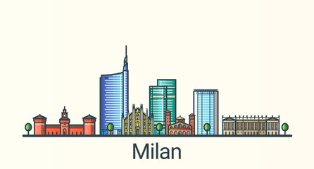 Banner of Milan city in flat line trendy style. All buildings separated and customizable. Line art.