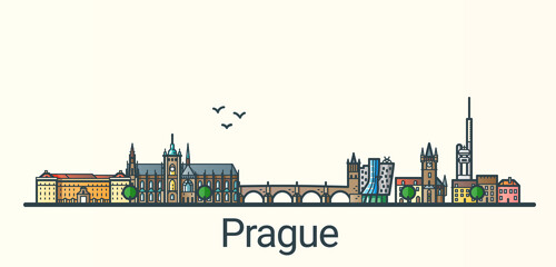 Banner of Prague city in flat line trendy style. All buildings separated and customizable. Line art.