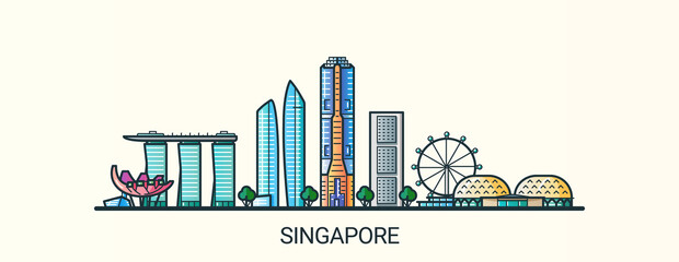 Banner of Singapore city in flat line trendy style. All buildings separated and customizible. Line art.