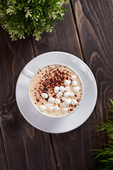 cappuccino with marshmallow on the wooden background