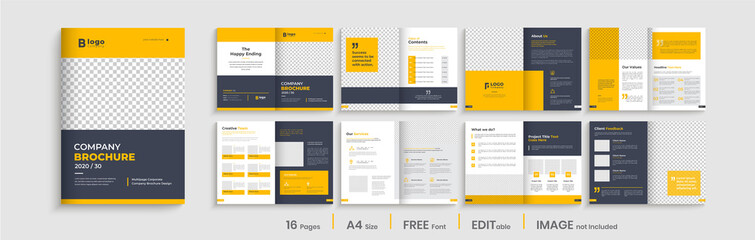 Professional brochure template layout design, yellow shapes, business profile template design, 16 pages, annual report,minimal, editable businss brochure.