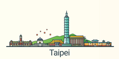 Banner of Taipei city in flat line trendy style. All buildings separated and customizible. Line art.