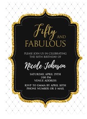 Fifty and Fabulous. Birthday party vector printable invitation card with golden glitter elements.