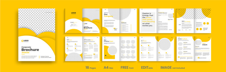 Professional brochure template layout design, yellow shapes, business profile template design, 16 pages, annual report,minimal, editable businss brochure.