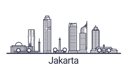 Skyline of Jakarta city in linear style. Jakarta cityscape line art. All buildings separated with clipping masks. So you can change composition and background.