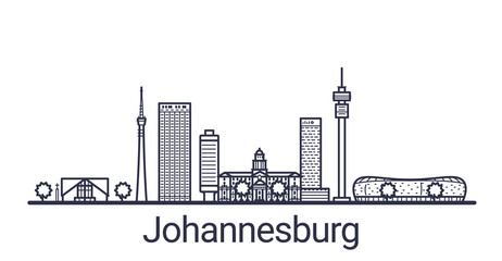 Obraz premium Panoramę miasta Johannesburg w stylu liniowym. Grafika liniowa pejzaż w Johannesburgu. Wszystkie budynki oddzielone maskami przycinającymi. Możesz więc zmienić kompozycję i tło.